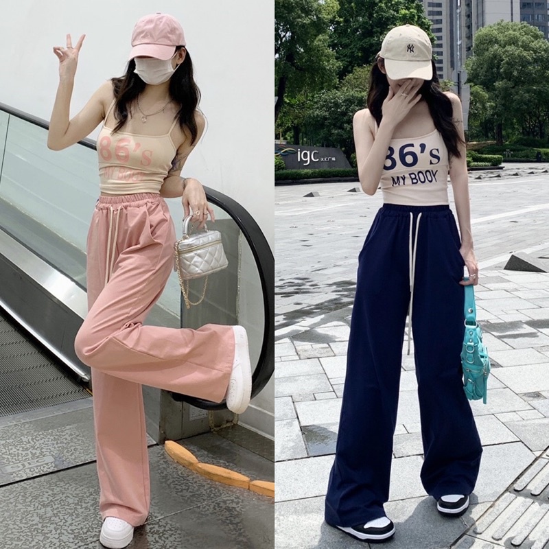 Set áo croptop 2 dây chữ + quần suông