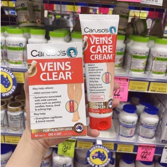 Viên uống giãn tĩnh mạch carusos venis clear caruso's 60 viên, kem bôi giãn tĩnh mạch venis clear cream caruso's 75g