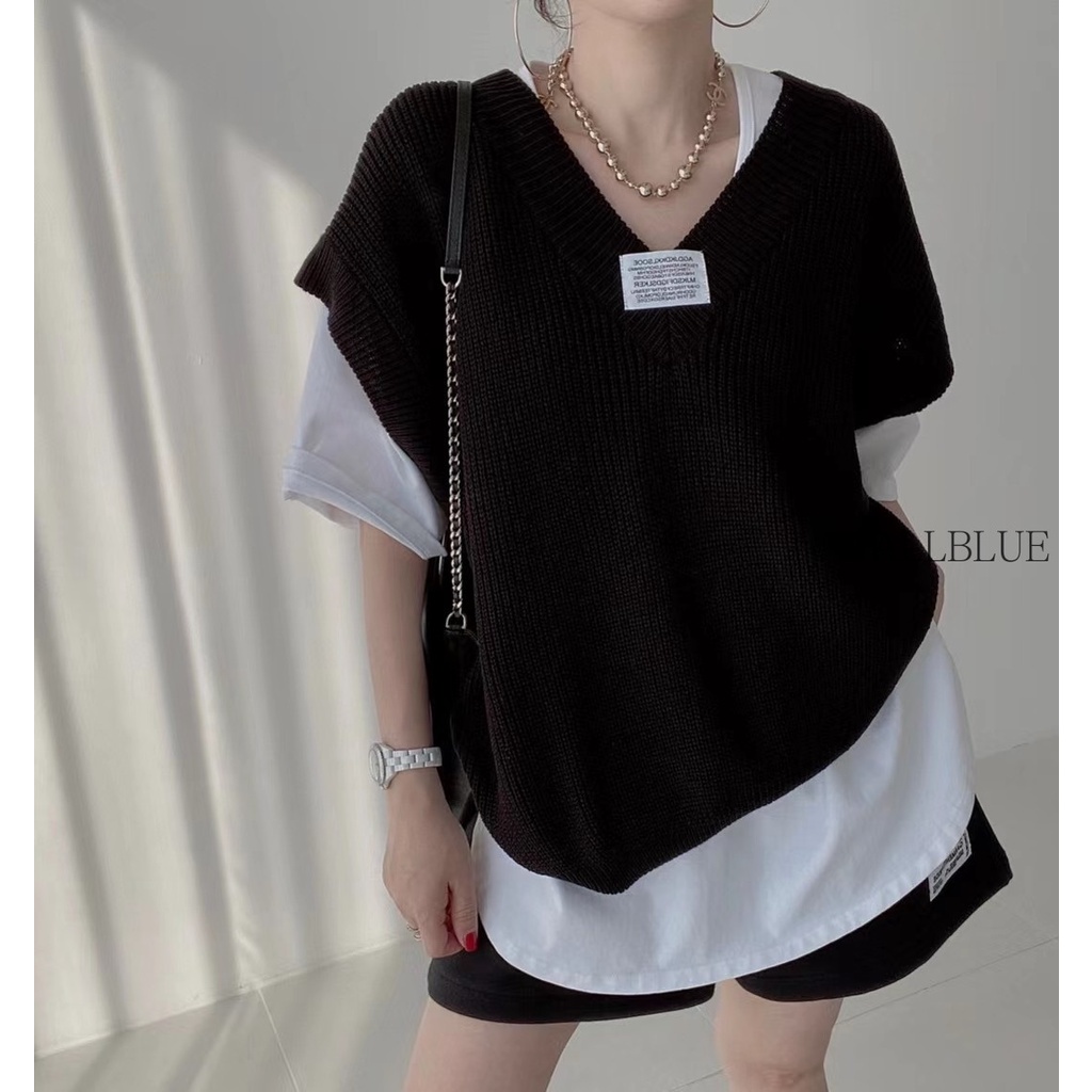 Áo Dệt Kim Không Tay Cổ Chữ V In Chữ Màu Hồng / Xám / Đen / Be Thời Trang Cho Nữ
