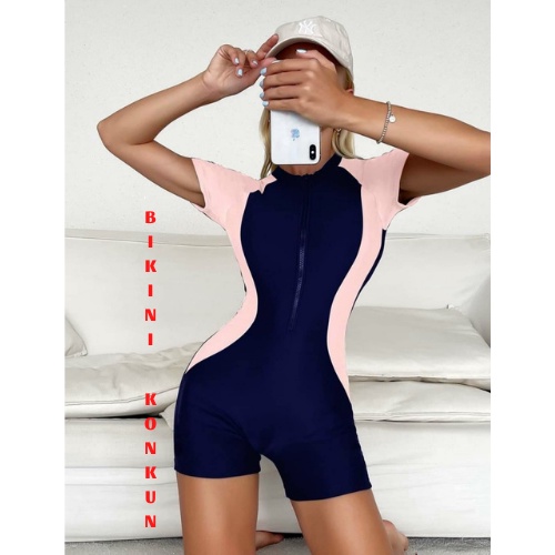 Bikini đồ bơi liền thân khóa kéo tay ngắn xanh đen phối hồng cao cấp KONKUN MS95