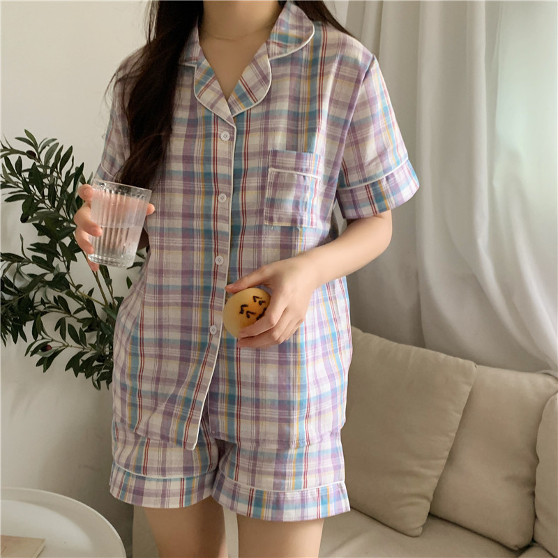 Bộ Đồ Ngủ Cotton Ngắn Tay Họa Tiết Caro Phong Cách Hàn Quốc Dành Cho Nữ