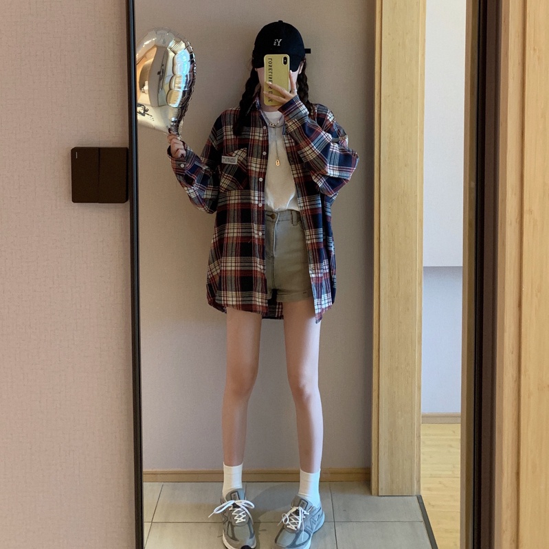 SUXI Áo Sơ Mi Caro Tay Dài Thời Trang Nữ