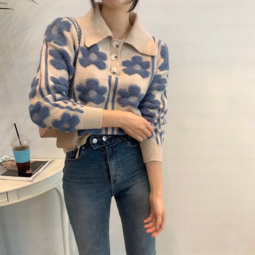 Áo sweater dệt kim tay dài in hoa ba chiều phong cách Pháp cổ điển