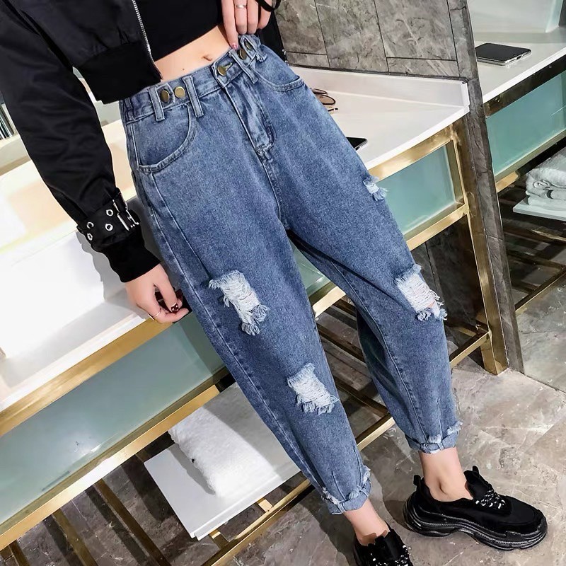 SIÊU PHẨM Quần baggy nữ BIG SIZE lưng cao, rách bụi, lai kiểu 3466 phom to