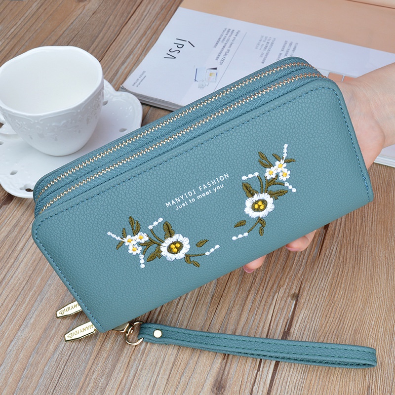 Ví Dài Hai Ngăn Sức Chứa Lớn Có Khóa Kéo Thêu Họa Tiết Thời Trang Cho Nữ