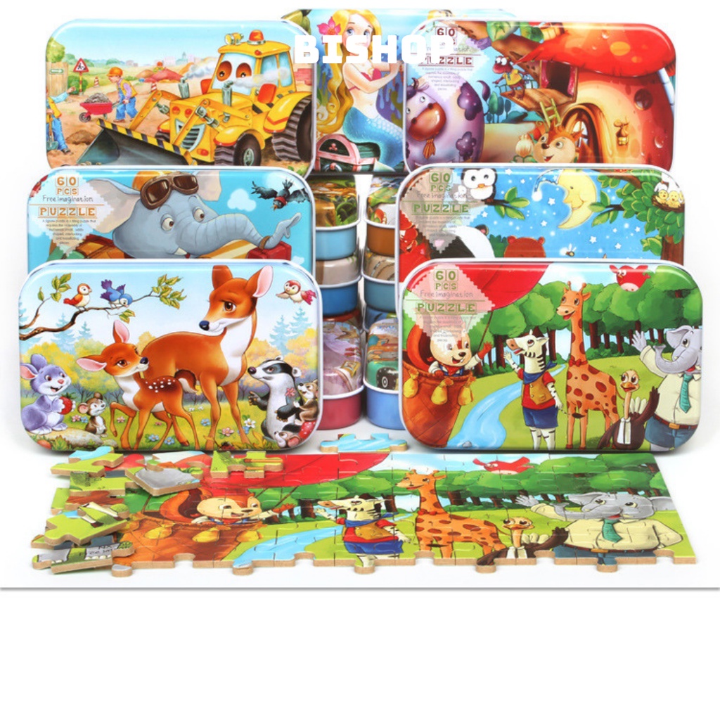 Bộ Đồ Chơi Tranh Ghép Hình Puzzle Bằng Gỗ 60 Miếng Cho Bé Với Hộp Đựng Bằng Thiếc Giúp Bé Phát Triển Trí Thông Minh