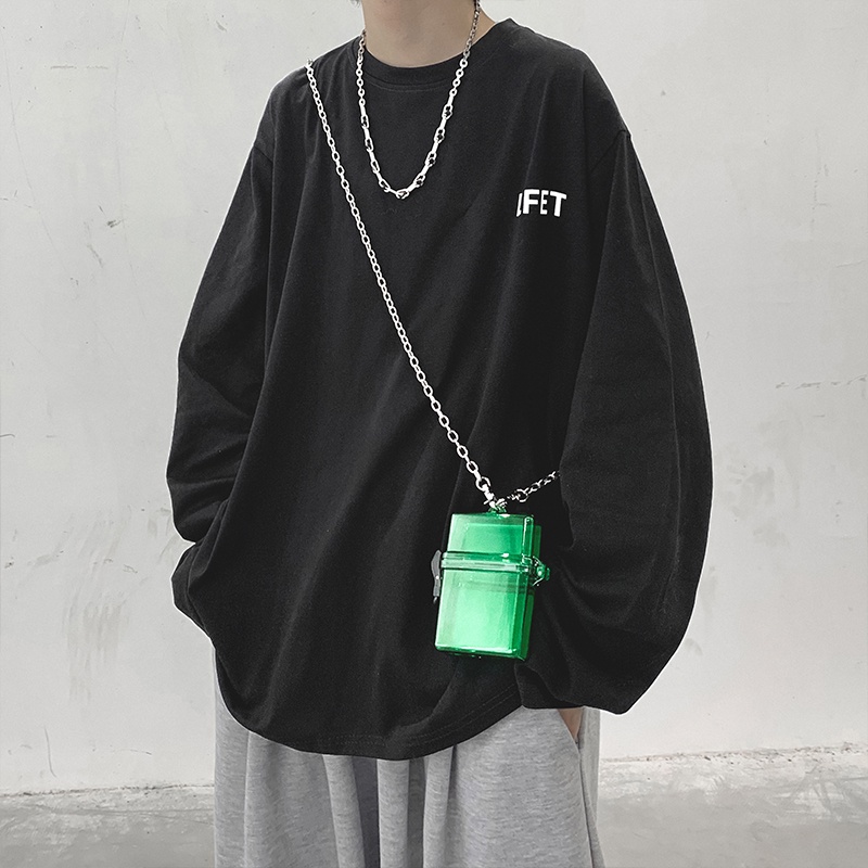 Áo thun tay dài cổ tròn dáng rộng in chữ giản dị thoải mái thời trang mùa đông phong cách hàn quốc cho nam m-5xl