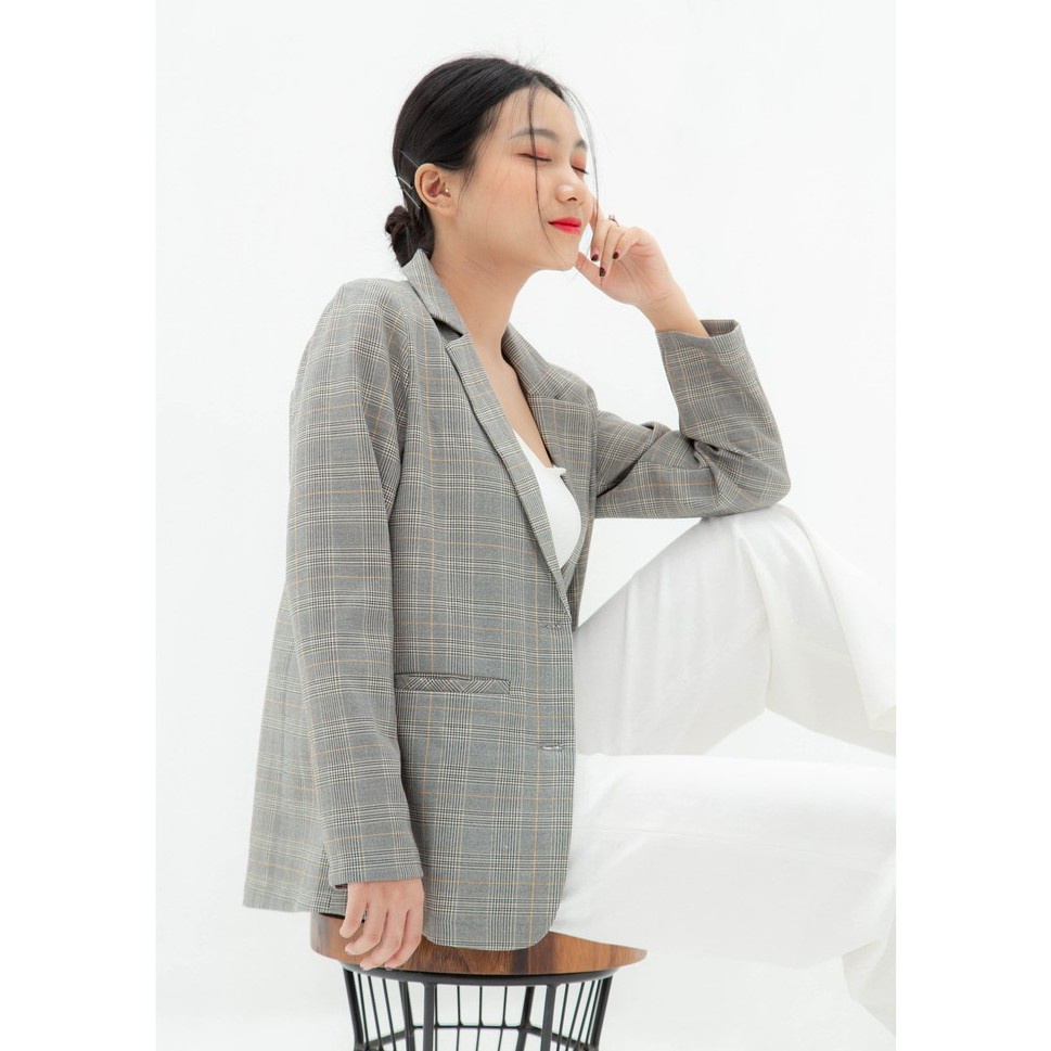 ☒Áo vest blazer nữ KHÀN màu caro xám kẻ vàng khoác công sở tay dài 1 lớp phong cách Hàn Quốc
