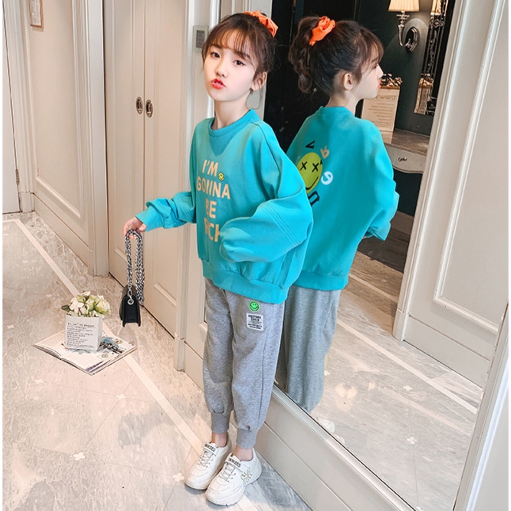 Set bộ quần áo thu đông cho bé gái 4-14 tuổi mẫu Mặt Cười. Thiết kế cá tính, đường may kỹ.MA86