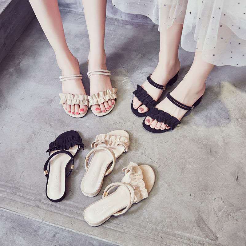 dép đế caogiày sandal 7cmGiàyDép Nữ giày caoGiàydép cao từgiày 7cmGuốc/Dép nữgiày nữ caodép thời trang dép gót❂Sandals women s high-heeled open toe mid-heel all-match lace two-wear thick heel 2021 summer new Korean style shoes