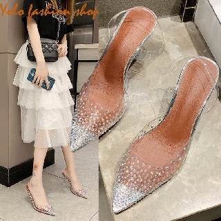 GC710-Giày cao gót nữ đế 7p gót nhọn mica phối pha lê sang chảnh
