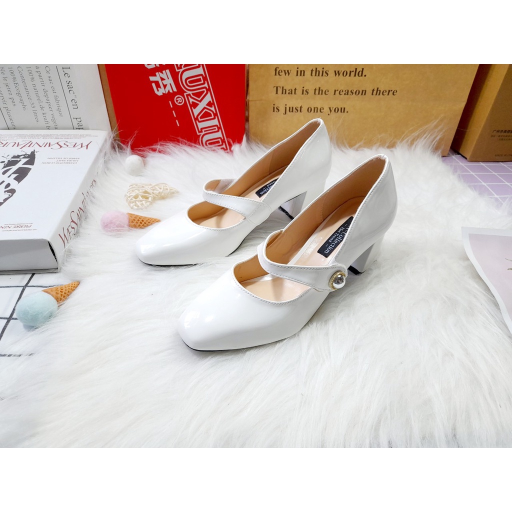 [MẪU HÓT NĂM] Giày Cao Gót Bít Mũi Dây Ngang Đế Vuồng 5p Đính Ngọc Giay_bb_7p