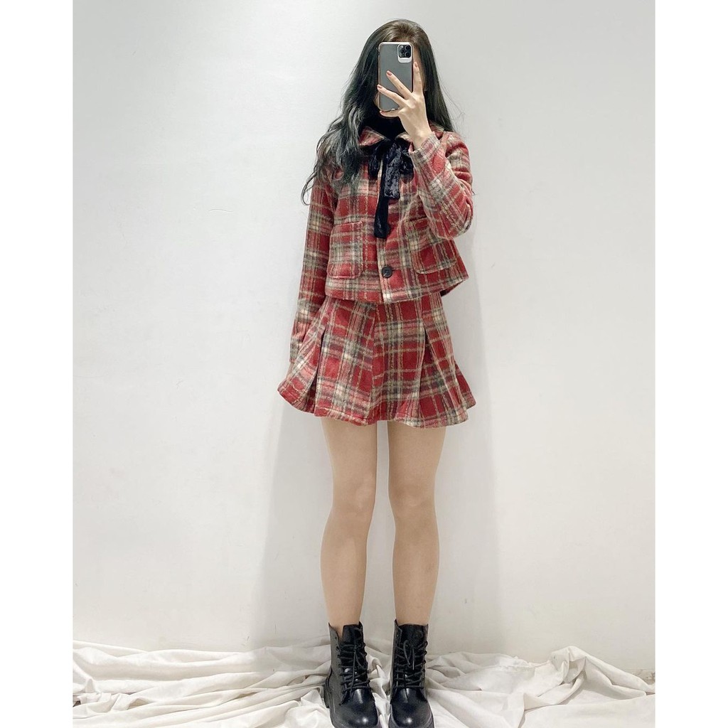 (FREESHIP) Set đầm đỏ caro