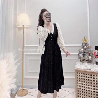 Đầm maxi đen phối tay ren lưới