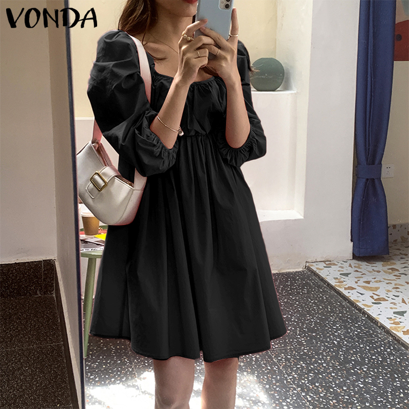 VONDA Women Korean Summer 3/4 Puff Sleeve U Neckline Loose Pleated Tunic Dress | BigBuy360 - bigbuy360.vn
