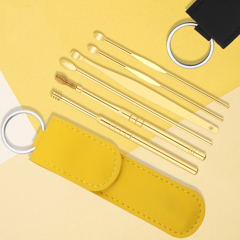 Bộ lấy ráy tai, bộ ngoáy tai, dụng cụ lấy ráy tai 6 món Tặng kèm túi đựng da treo chìa khóa sang trọng