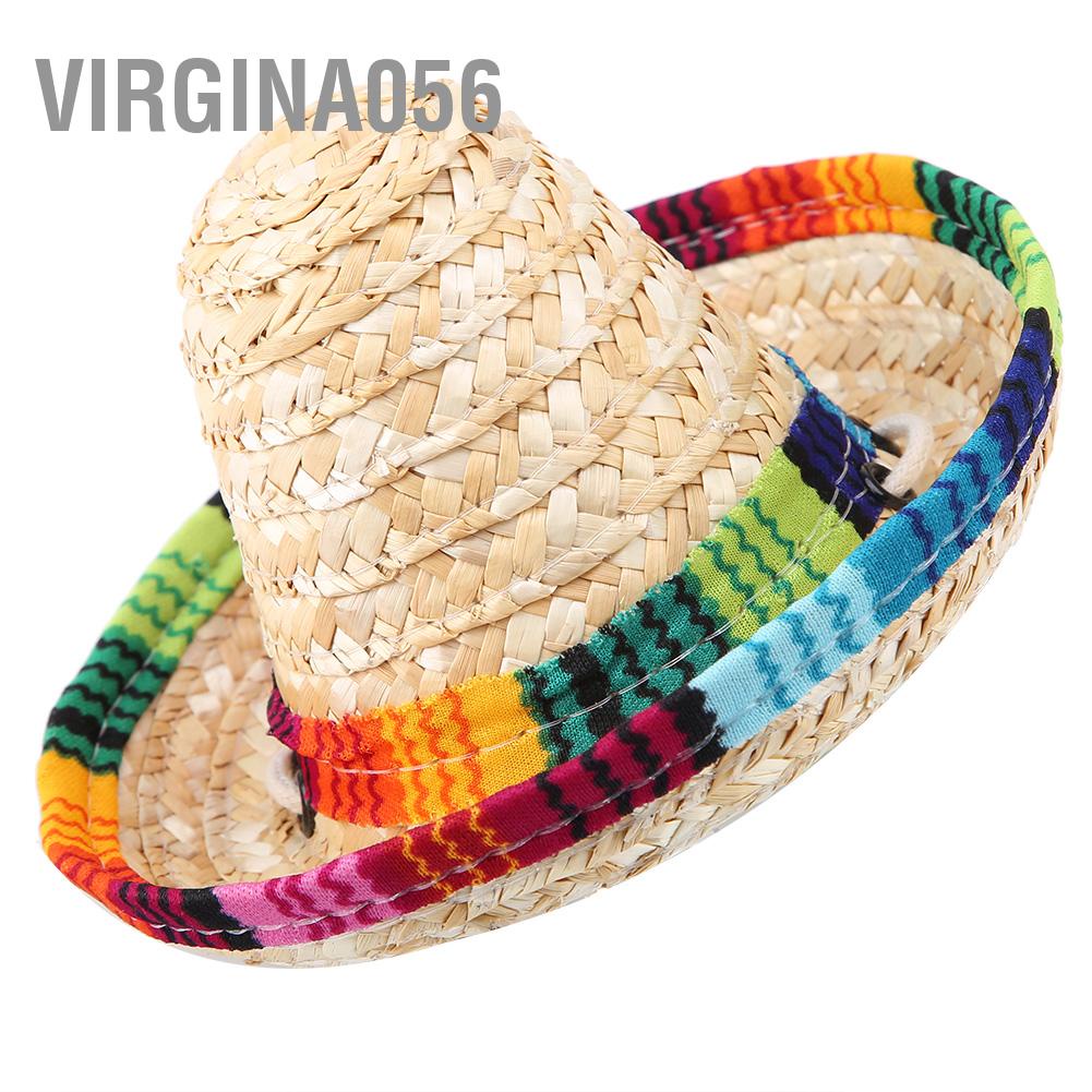 Virgina056 Virgina056 Mũ dự tiệc Sombrero rơm nhỏ cho thú cưng / chó con mèo có điều chỉnh dây bông