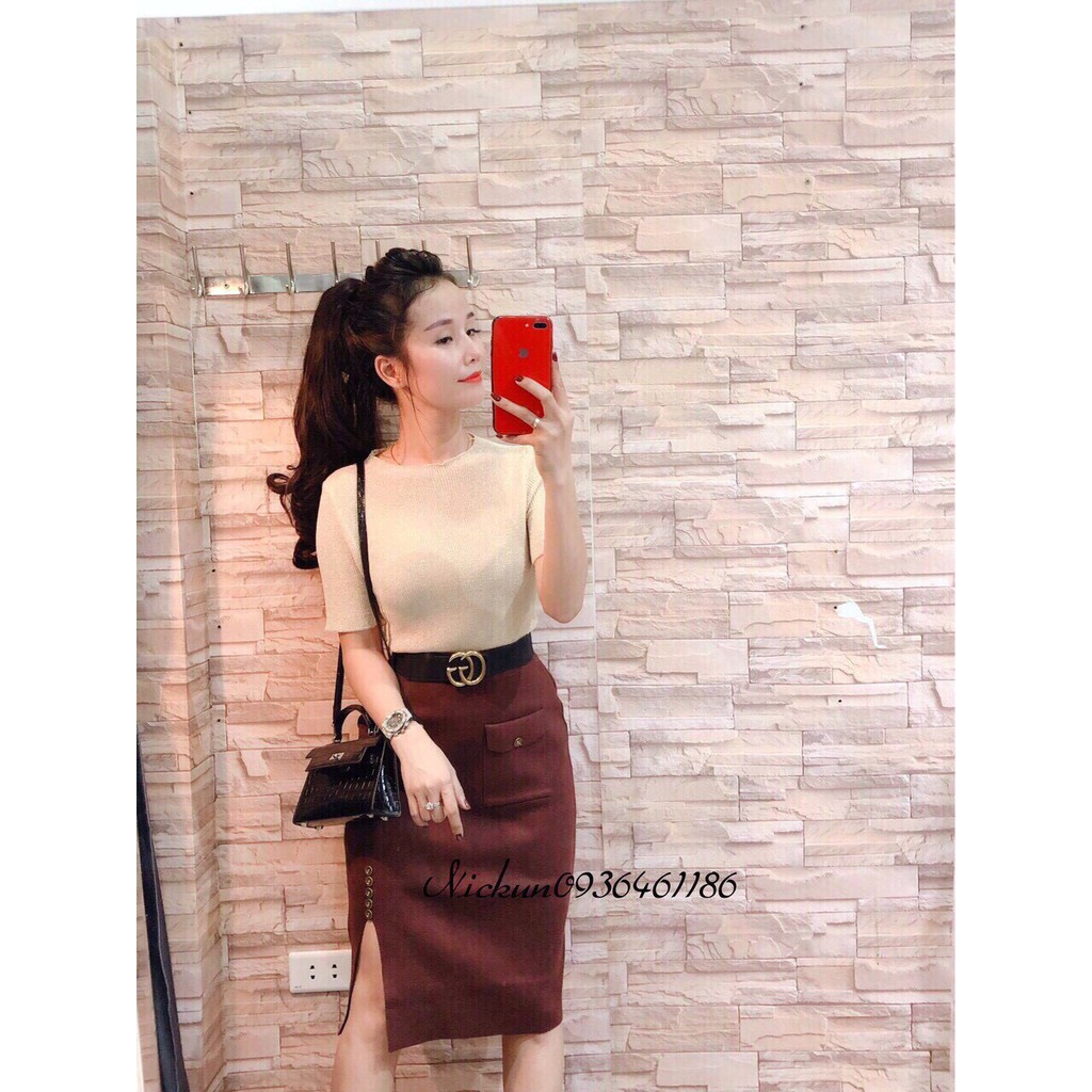 Chân váy len xẻ đùi đính khuy QC cực đẹp nha