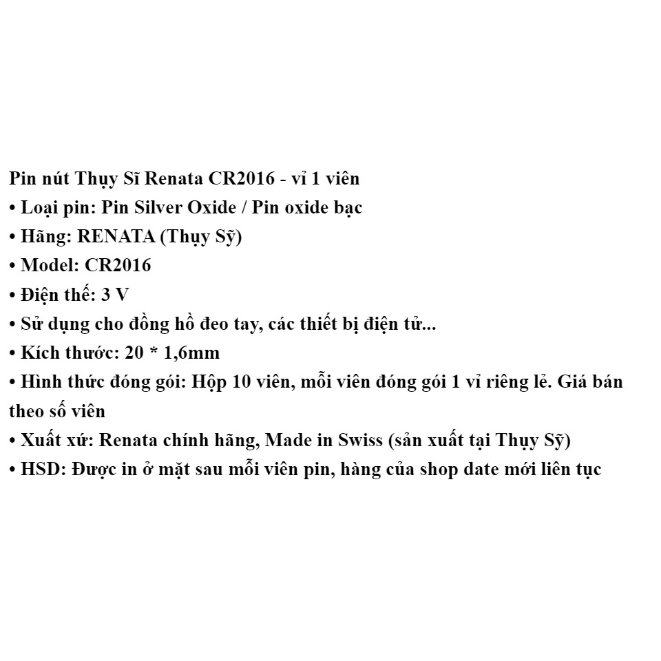 Pin nút Thụy Sỹ RENATA CR2016 3V Made in Swiss (Loại tốt - Giá 1 viên)