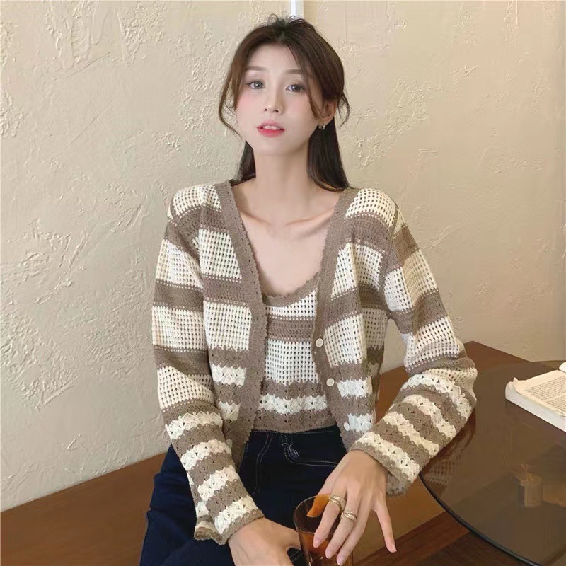 SUXI Áo Croptop Dệt Kim Tay Dài Kẻ Sọc Phong Cách Hàn Quốc