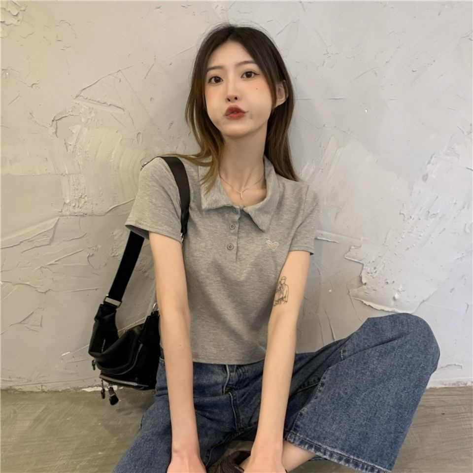 Áo thun polo tay ngắn thêu họa tiết trái tim thời trang xinh xắn cho nữ