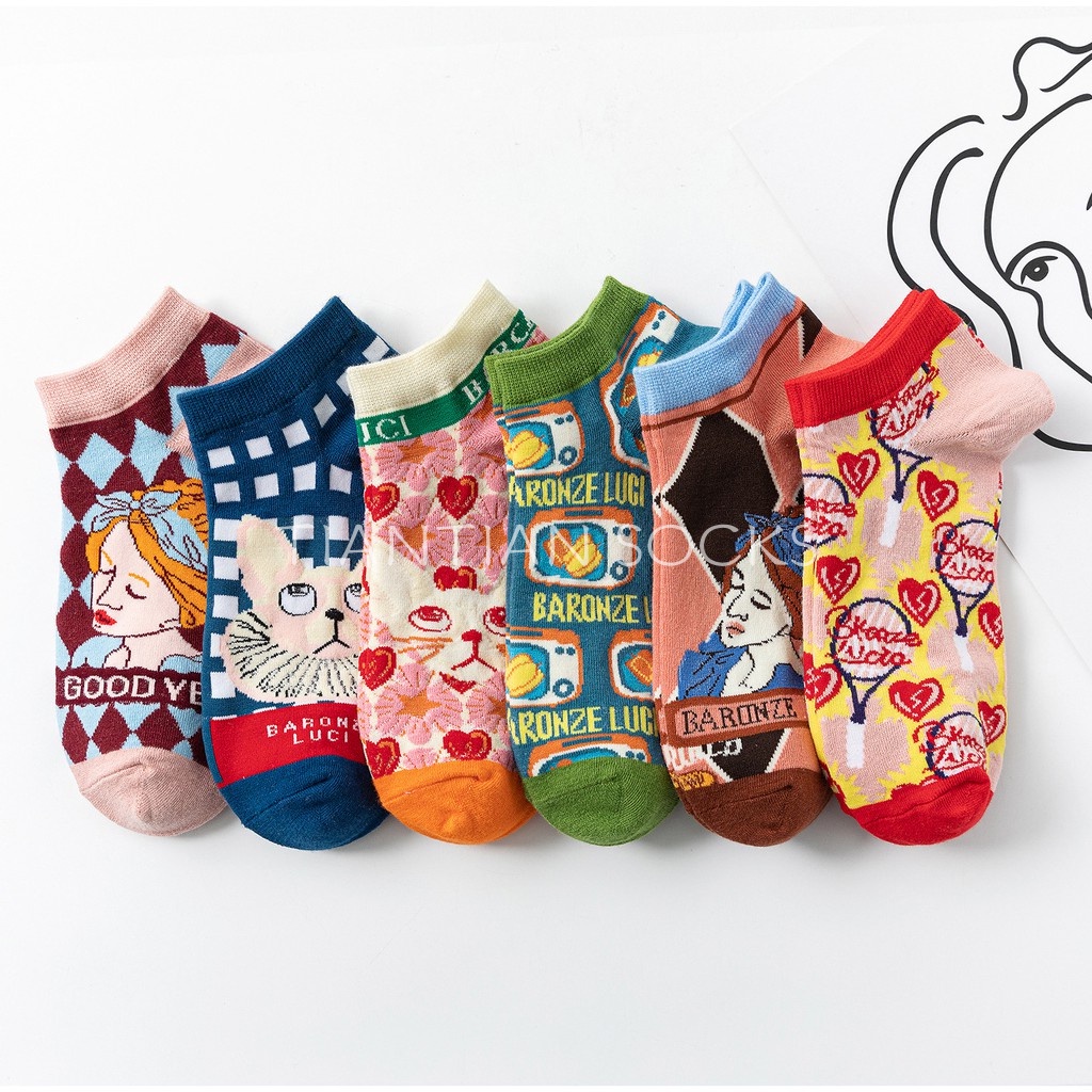 TIAN TIAN T040 Hàng mới về Vớ Cotton cổ thấp in hình mèo phong cách Lolita Nhật Bản ngọt ngào chất lượng cao