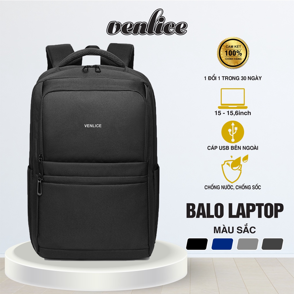 Balo Laptop VENLICE Cao Cấp Kèm Cổng USB Tiện Lợi Chống Nước Tiêu Chuẩn Phù Hợp Sinh, Viên Học Sinh Và Văn Phòng - Đen
