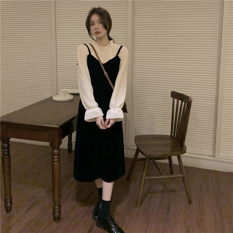 Đầm nhung chữ A cổ tròn dài tay hai lớp phong cách cổ điển 48375