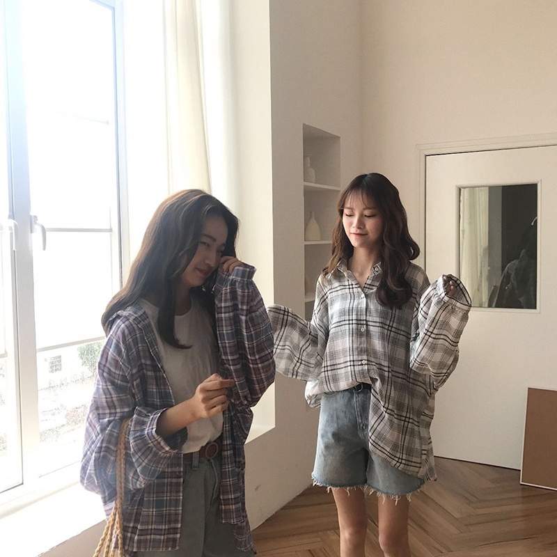 Áo sơ mi IELGY tay dài dáng rộng chống nắng họa tiết caro phong cách Hàn Quốc dành cho nữ