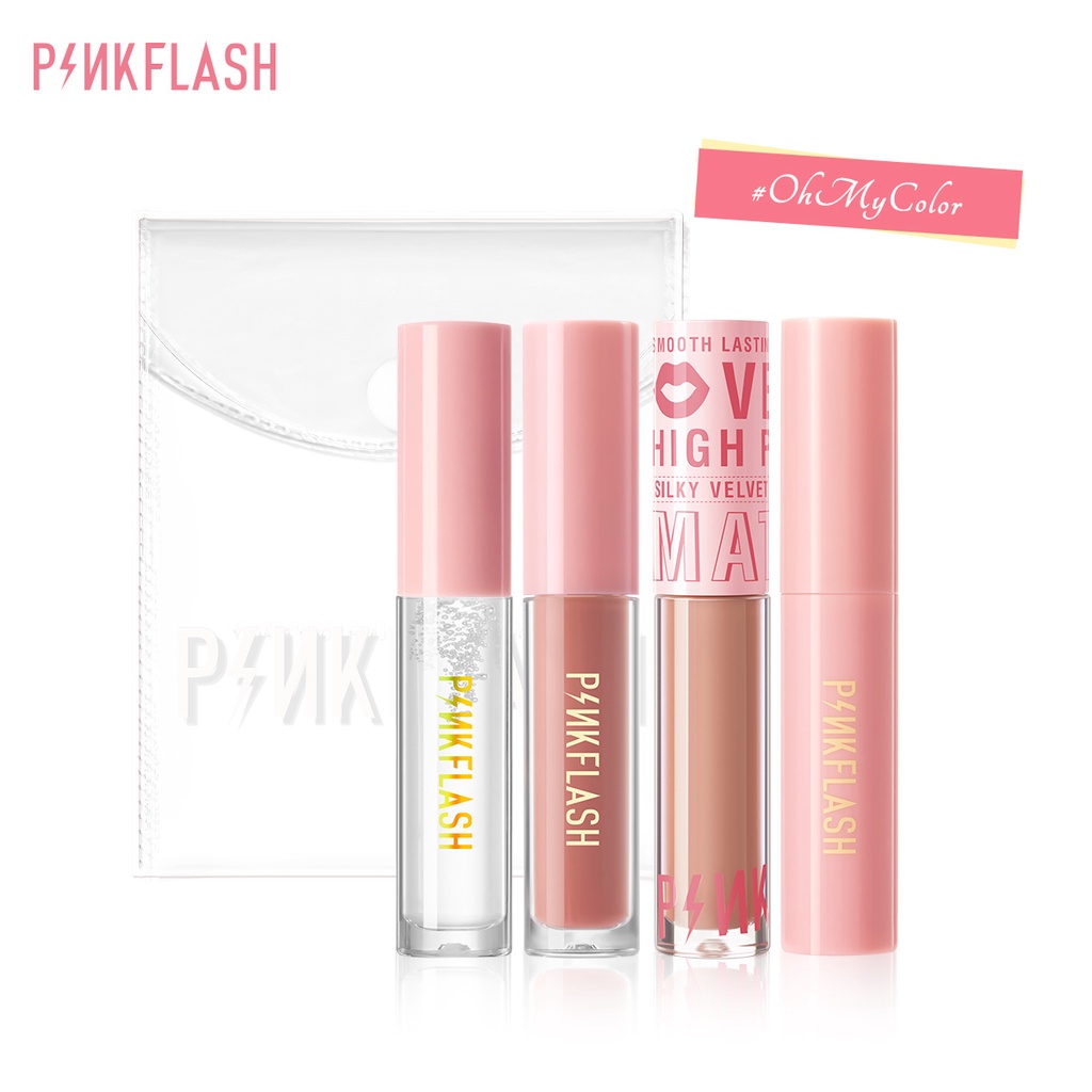 PINKFLASH Bộ Son Kem Dưỡng Ẩm Lâu Trôi Màu Hồng với  Túi PVC Trong Suốt 150g/5PCS