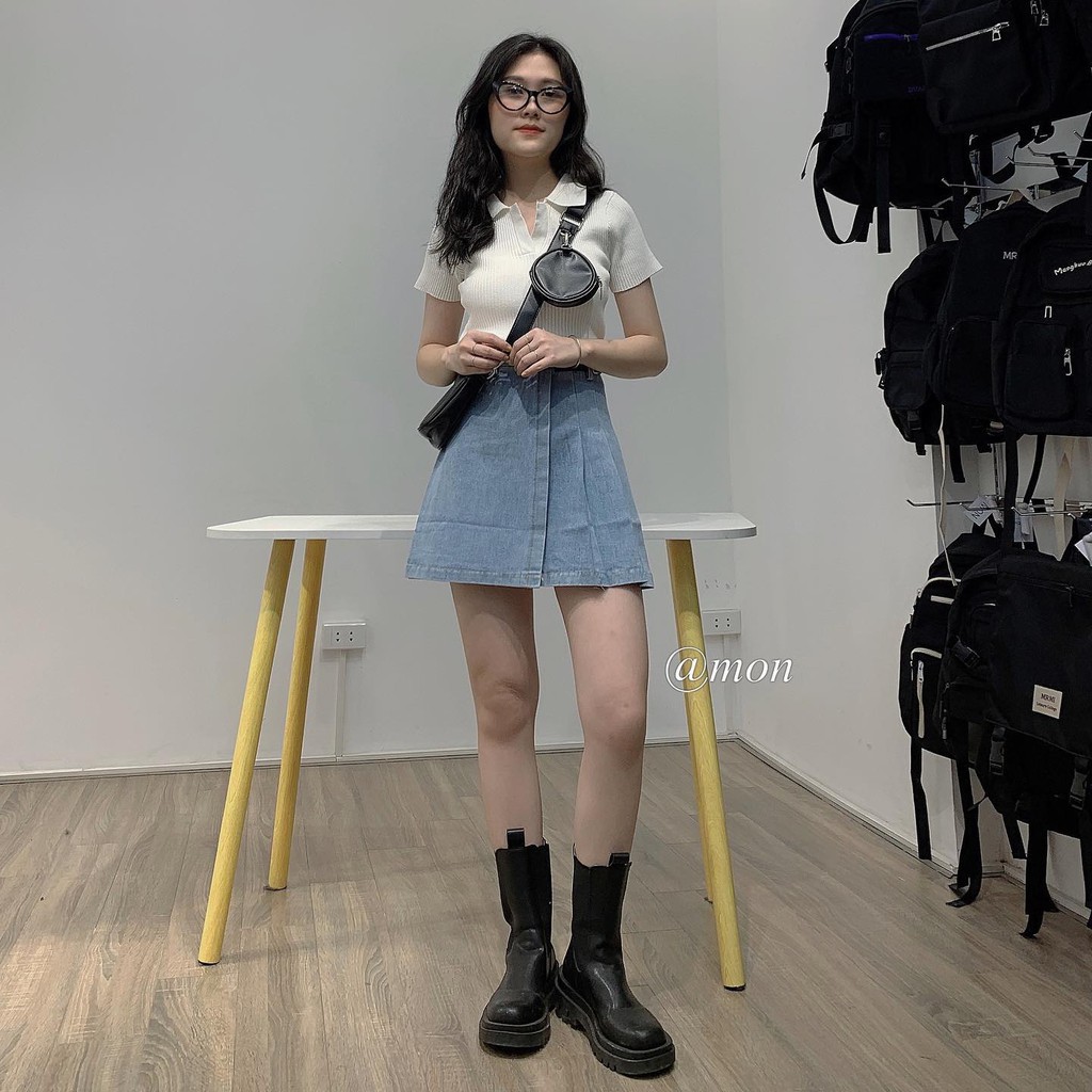 2101445 Chân váy jeans nữ xếp ly có đai chỉnh được eo bé lại màu xanh có size | BigBuy360 - bigbuy360.vn