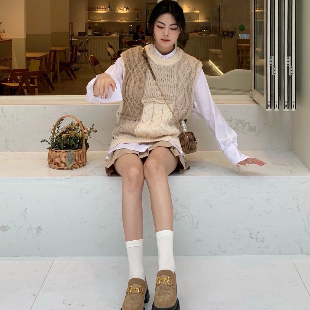Set Áo Thun Dài Tay Cổ Tròn + Áo Len Cộc Tay Cổ Tròn Thời Trang Nữ