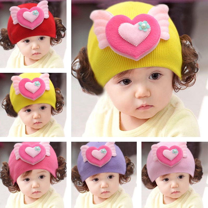 Mũ dệt kim giữ ấm trang trí tóc giả kiểu dáng thời trang mùa đông cho bé gái