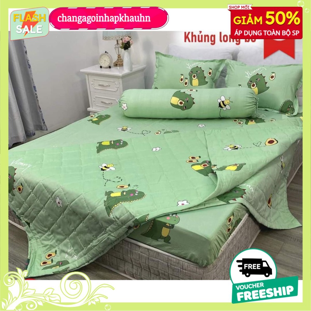 Bộ Chăn Hè Ga Gối 4 Món 1M6X2M,Lựa Mẫu Thoải Mái-Vải cotton poly[mẫu khủng long bơ]