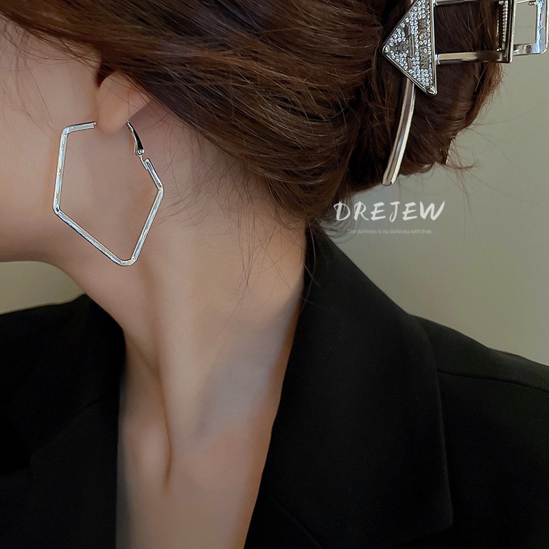 DREJEW Khuyên tai kim loại màu bạc thiết kế hình học rỗng phong cách cá tính thời trang sáng tạo