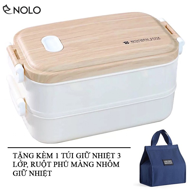 Hộp Đựng Cơm Bento 2 Tầng DIEP03 Nắp Giả Vân Gỗ Dùng Được Cho Lò Vi Sóng Có Tặng Kèm Túi Giữ Nhiệt Cao Cấp