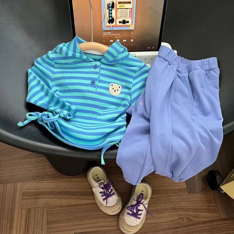 Bộ Đồ Thể Thao Hai Mảnh Gồm Áo Thun Tay Dài Có Nón Họa Tiết Kẻ Sọc Xanh Dương Phong Cách Nhật Bản + Quần Thể Thao Hàng Mới Dành Cho Bé Gái 81023