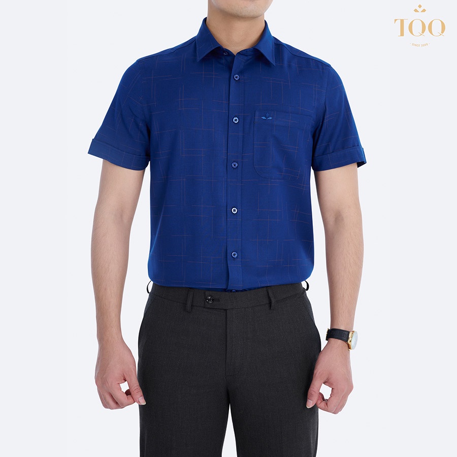 Áo sơ mi ngắn tay TQQ chất coton cao cấp màu xanh tím than và màu đen K233CB vạt ngang có túi ngực