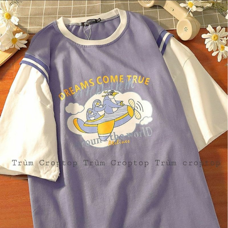 Áo Thun Tay Phối In Hình Chim Cánh Cụt 2 Màu Đen Tím, Áo Phộng Rộng Tay Lỡ Form Unisex Basic Nam Nữ