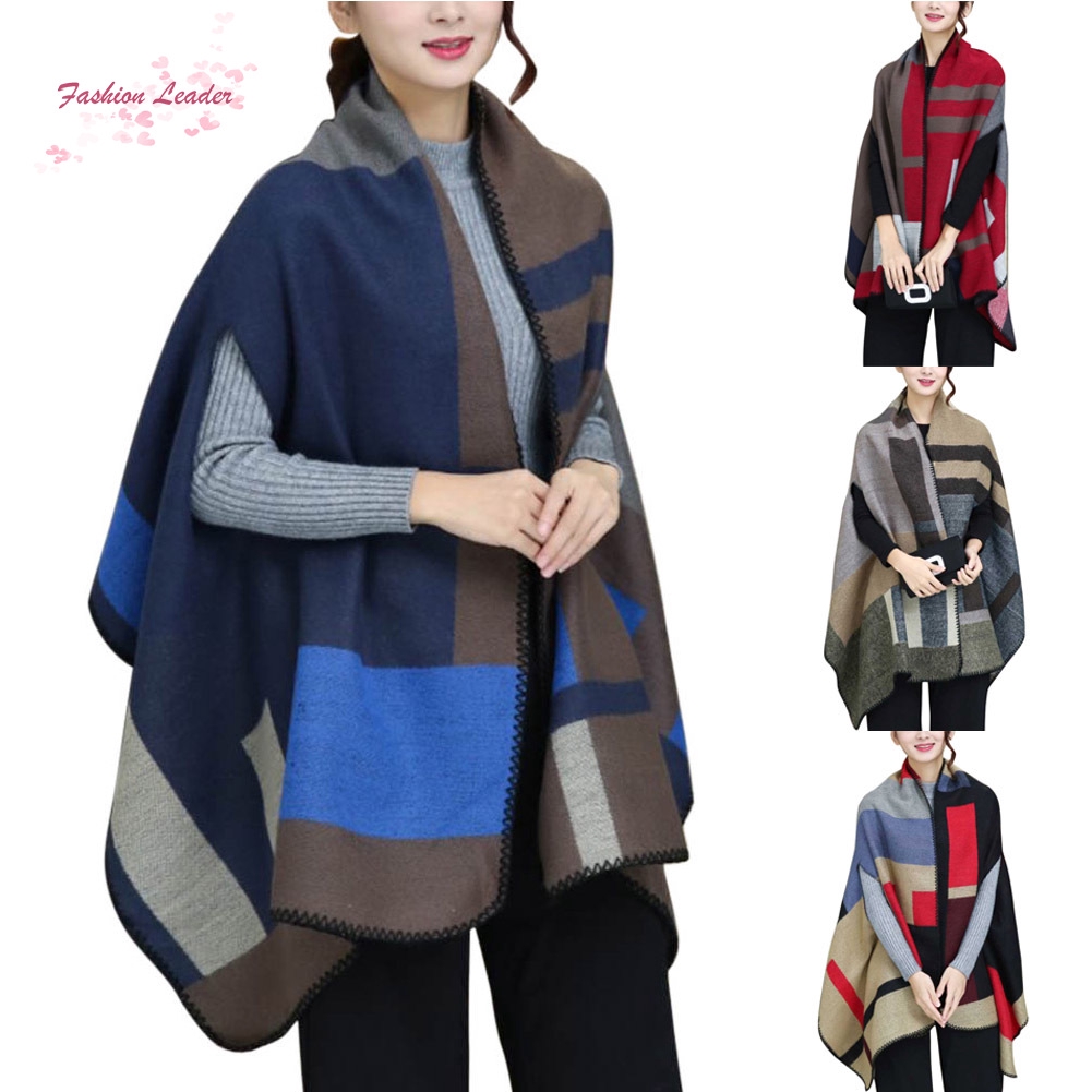 ✽FL✽Women Faux Cashmere Scarf Poncho Cape Wrap Patchwork Plaid S
