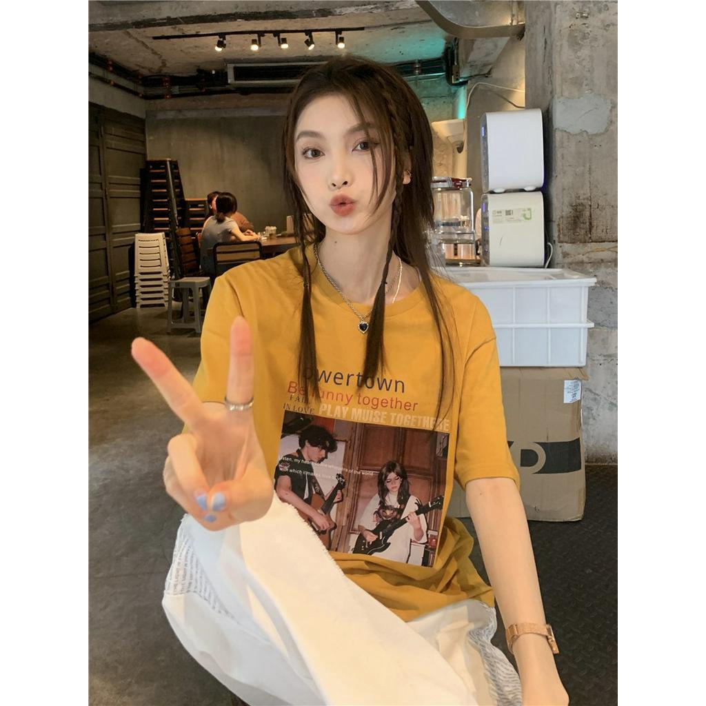 Áo Thun Cotton Dáng Rộng Ngắn Tay In Hình Phong Cách Retro Cá Tính 63656