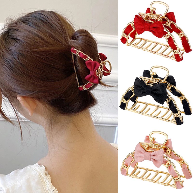 Kẹp Tóc Nữ Hình Thoi Phối Nơ Thiết Kế Thanh Lịch phong cách Hàn Quốc