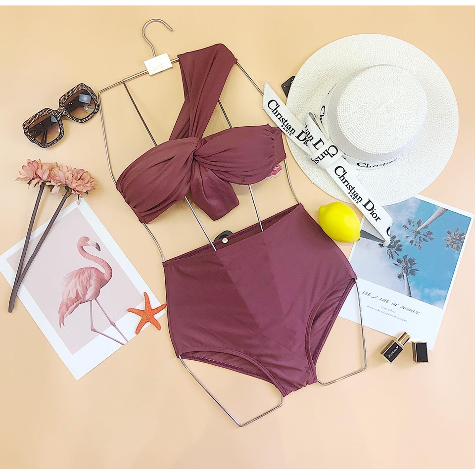Bộ bơi bikini 2 mảnh lệch vai thắt nơ cạp cao giấu bụng tôn dáng | BigBuy360 - bigbuy360.vn