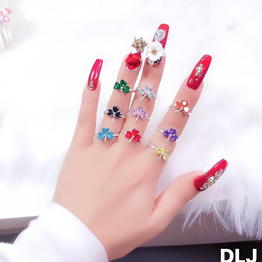 NHẪN NỮ BẠC TA - NHẪN CỎ 3 LÁ ĐỦ MÀU- RE VO DICH