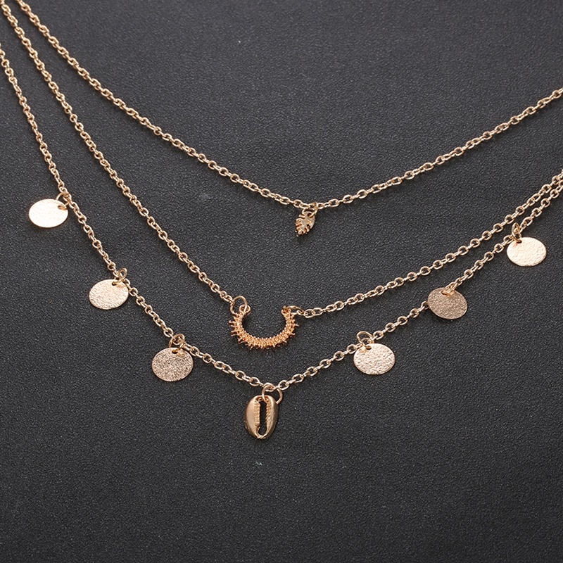 Fashion Leaf Semicircle Shell Round Three Layer Pendant Gold Necklace Glamour Lady Beach Party Jewelry Female Necklace Set