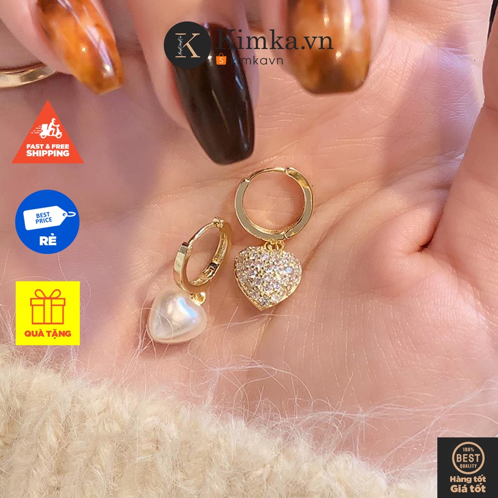 (0545) Khuyên Tai S925 Tim Ngọc Đá Bất Cân Xứng Hàn Quốc