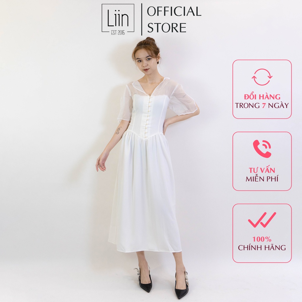 LIIN - Đầm nữ trắng tiểu thư phối voan nhẹ nhàng, nữ tính