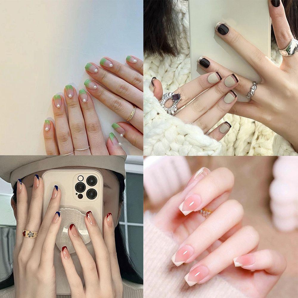 Hộp 24 Móng Tay Giả Ngắn / Tròn / Vuông Đính Kim Sa Che Phủ Toàn Diện