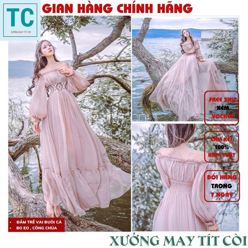 Váy Tiểu Thư Cổ Tích Màu Hồng Phấn Ulzzang ,Đầm Công Chúa Nhún Ngực Trễ Vai Tay Voan Sang Chảnh -Tjt Còi 1 - HÀNG MỚI VỀ