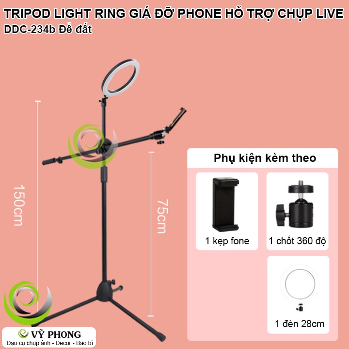 TRIPOD RING LIGHT CHÂN ĐẾ GẮN ĐIỆN THOẠI 360 ĐỘ GIÁ ĐỠ CHỤP ẢNH GÓC THẲNG ĐỨNG CÓ ĐÈN VIỀN TRÒN SÁNG 3 MÀU DDC-234